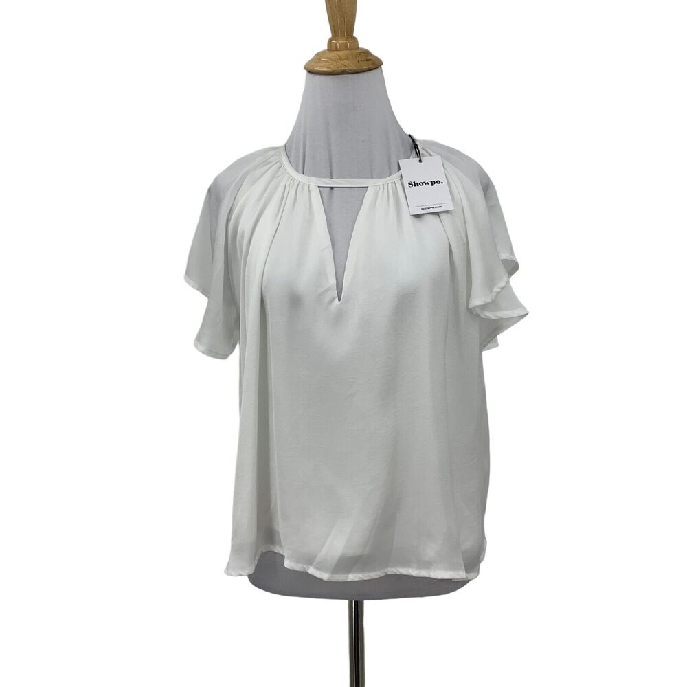 Showpo Demmi Top Womens 6 White Round Neck Keyhole Cutout Flutter Sleeve Lined